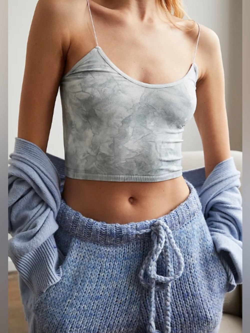 Free People Blue/White Tye-Dye Style Skinny Strap Brami Cropped Tank